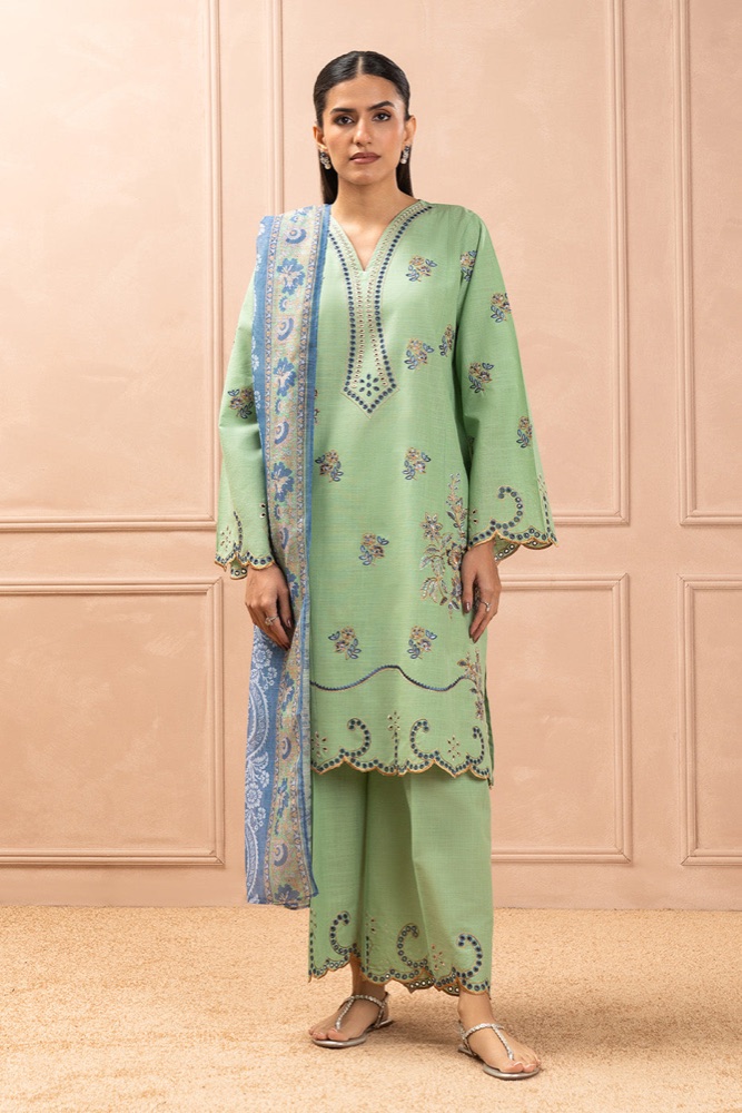 Green embroidered three piece suit with a printed blue dupatta