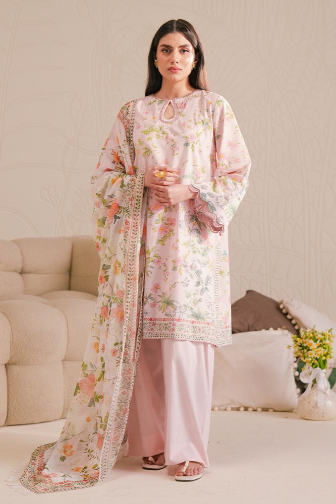 Pale pink printed lawn three piece with a floral dupatta