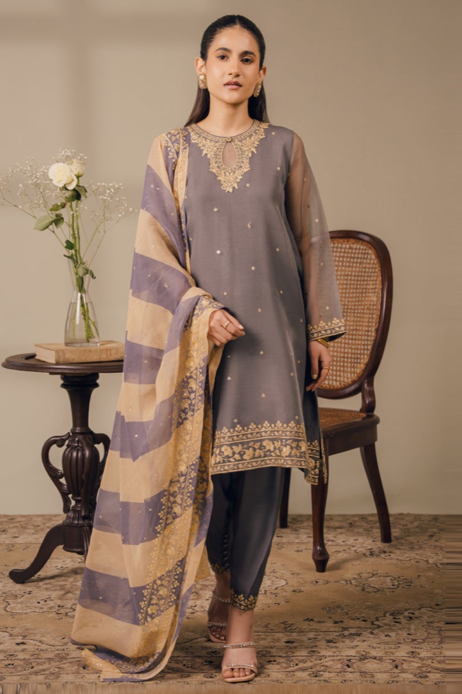 Grey embroidered ready to wear suit with a striped organza dupatta
